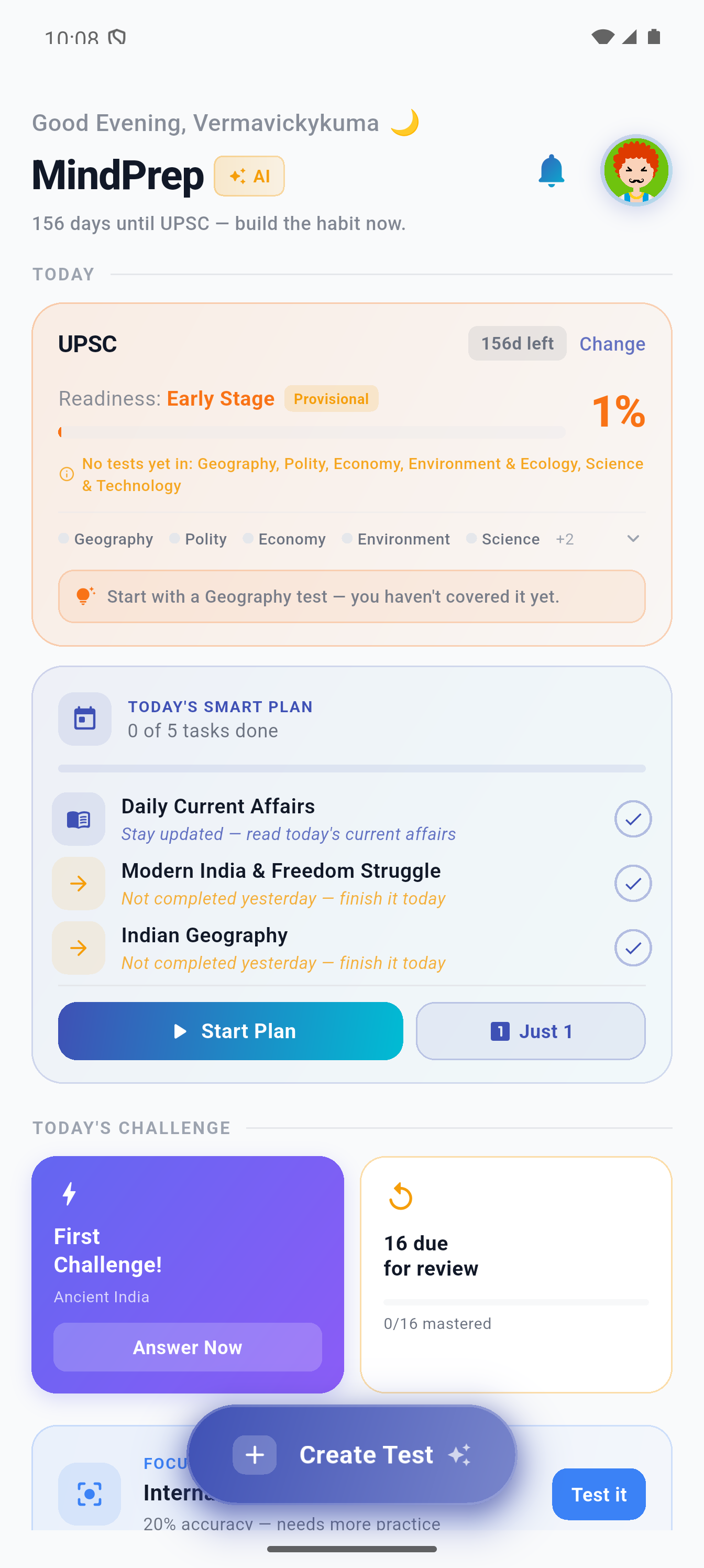 MindPrep AI Dashboard — exam goal tracking, smart plan, daily challenge and focus areas