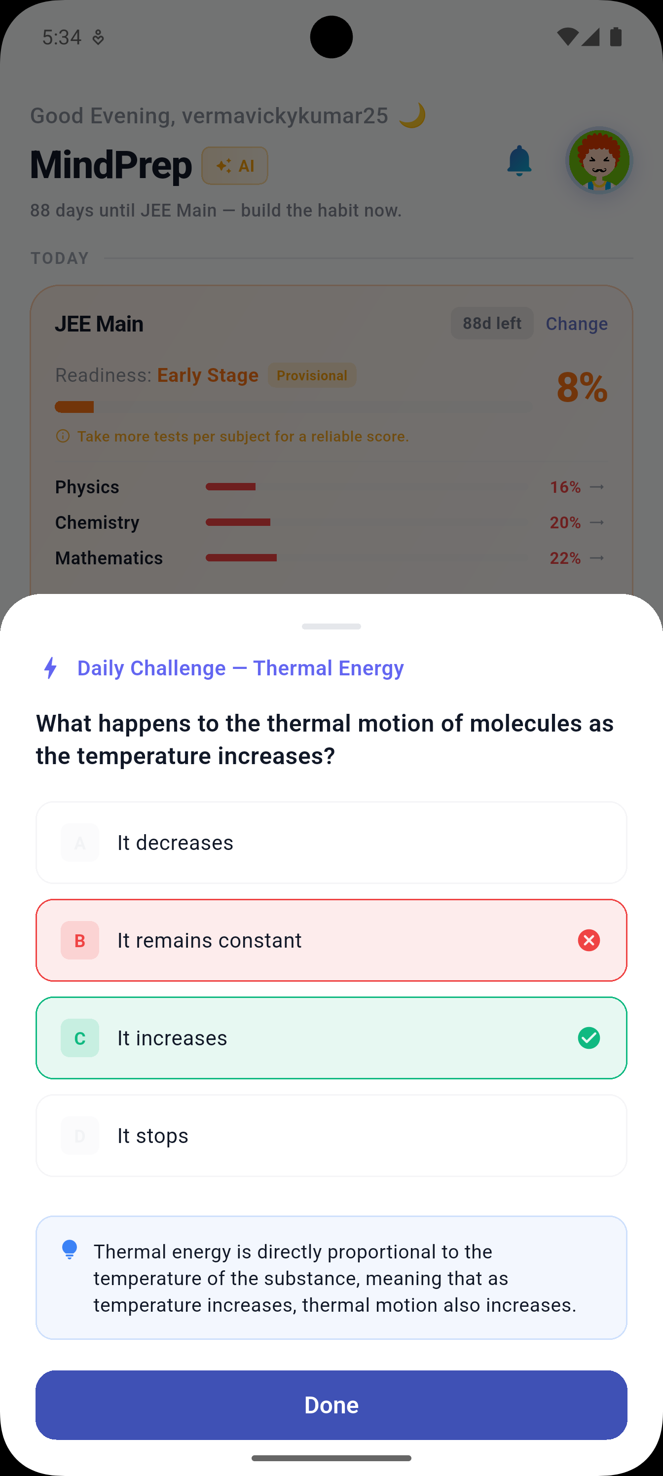 Daily Challenge — a question from your weakest topic with answer options and AI explanation