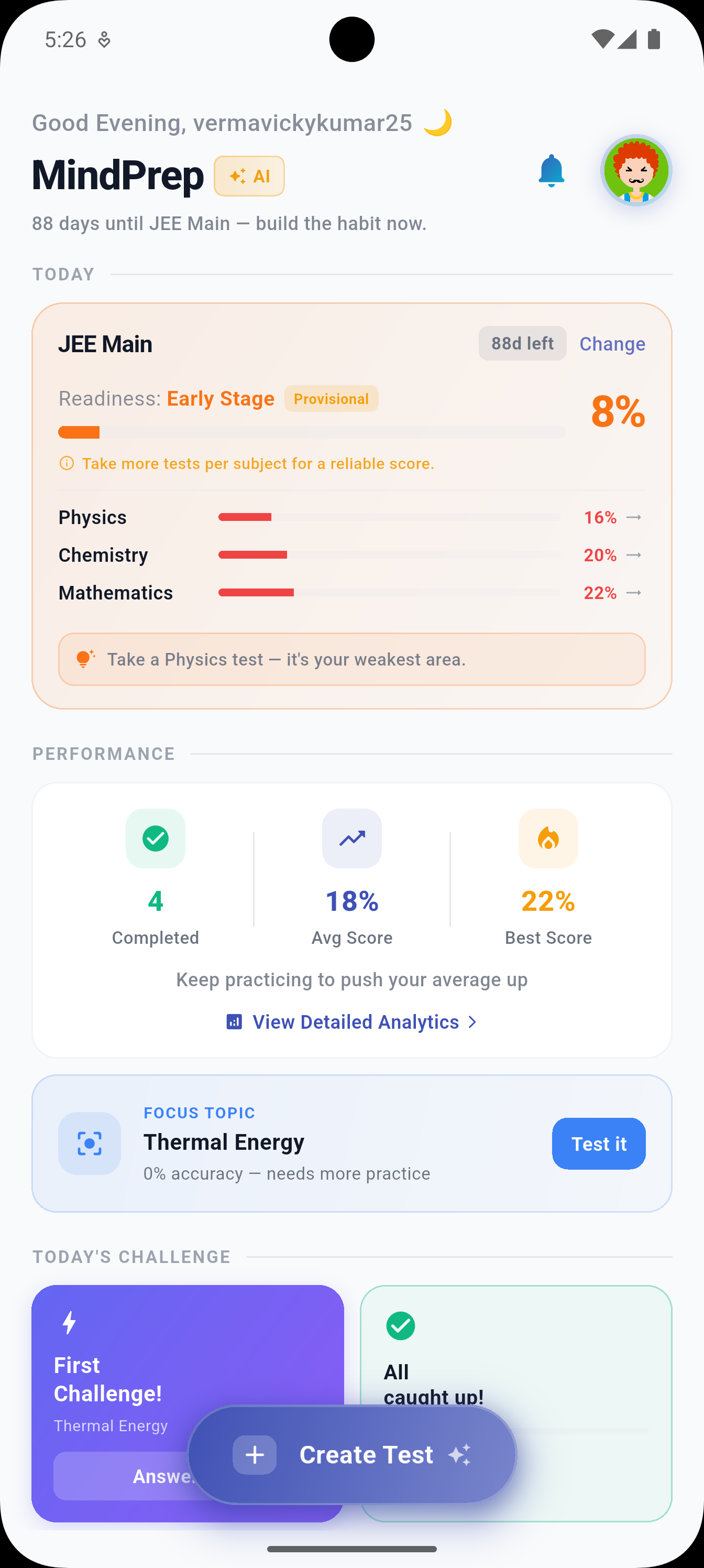 MindPrep AI Dashboard — track your tests, scores, and progress
