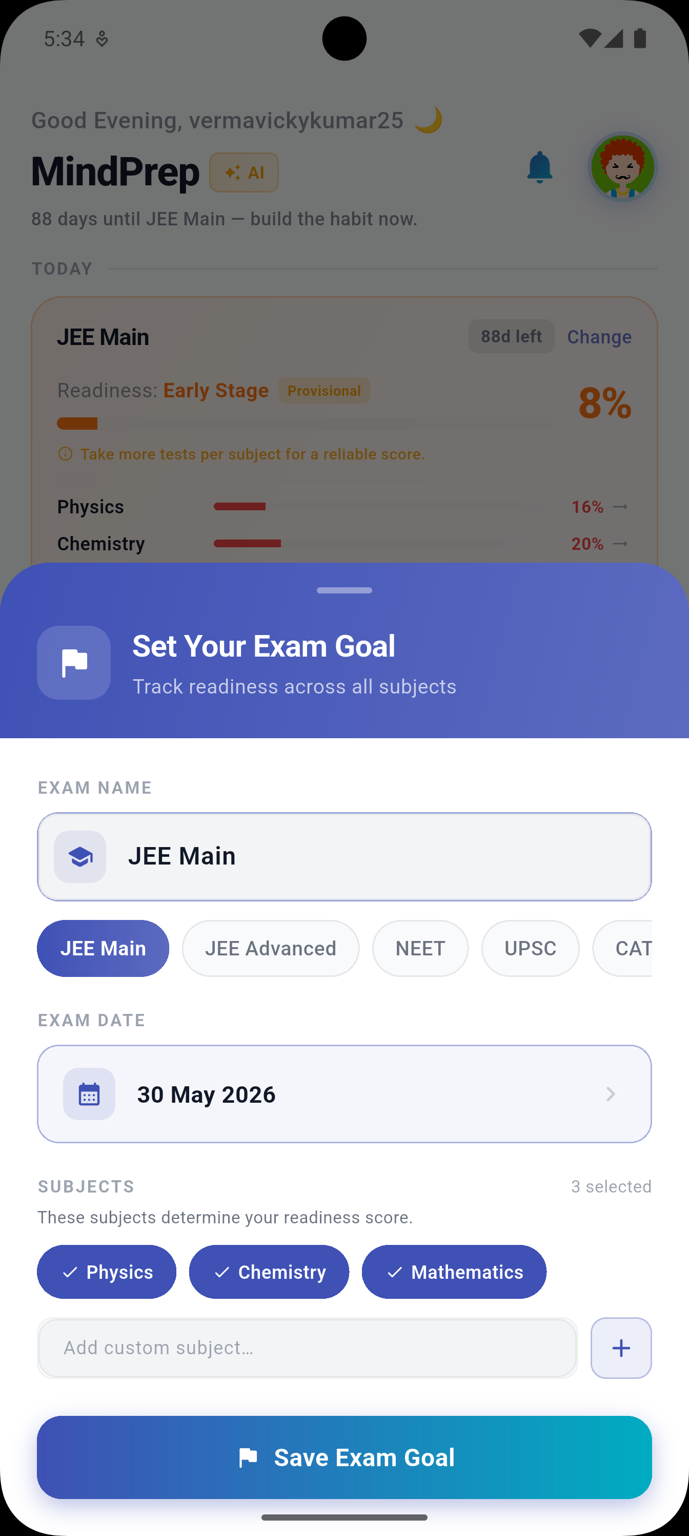 Set Your Exam Goal — select exam, date and subjects to track your readiness score