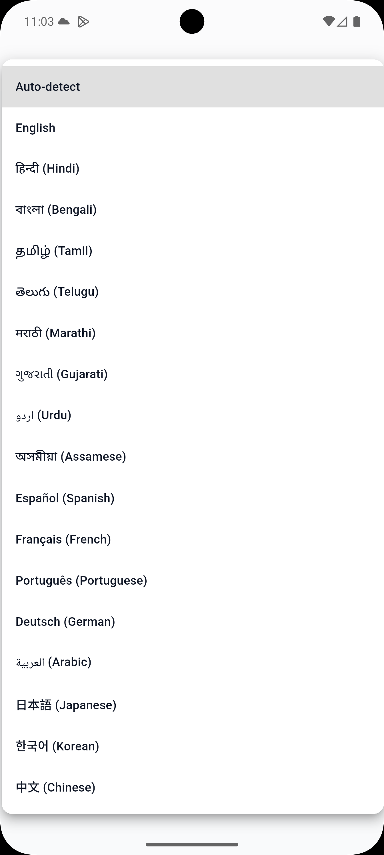 Language selector showing 18+ supported languages including Hindi, Tamil, Telugu, Bengali, and more