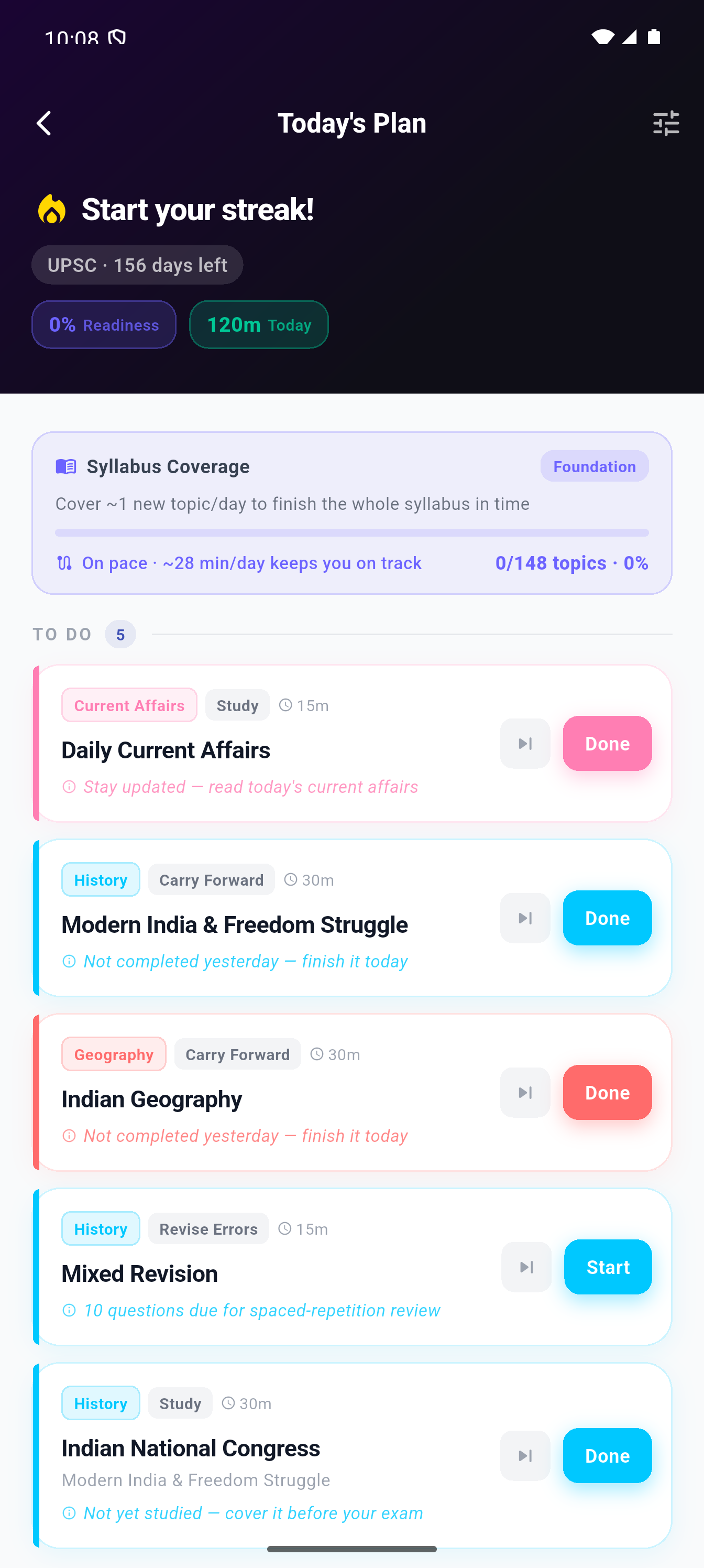 Today's Plan — AI-generated daily study schedule with tasks, carry-forwards, and syllabus coverage