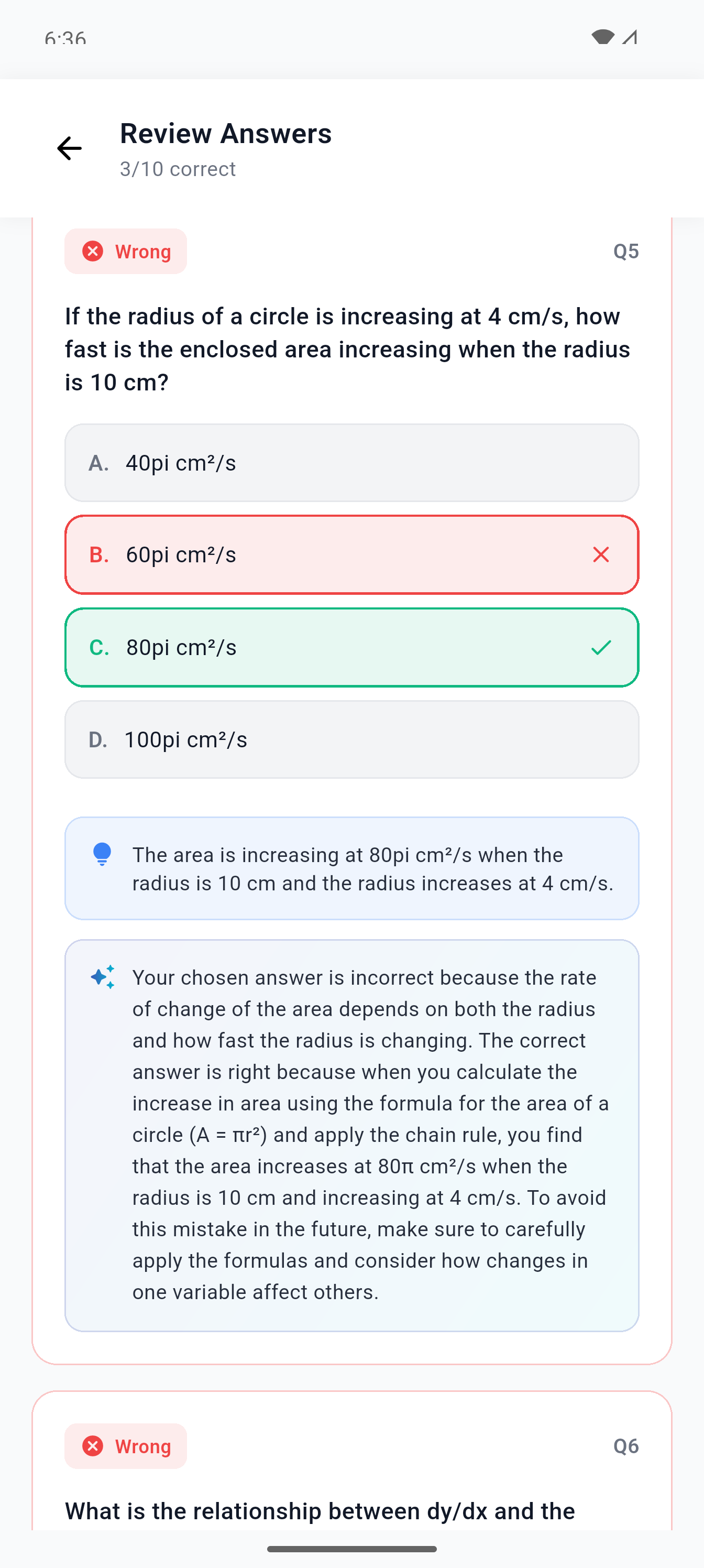 AI explains why the chosen answer was incorrect with detailed reasoning and improvement tips